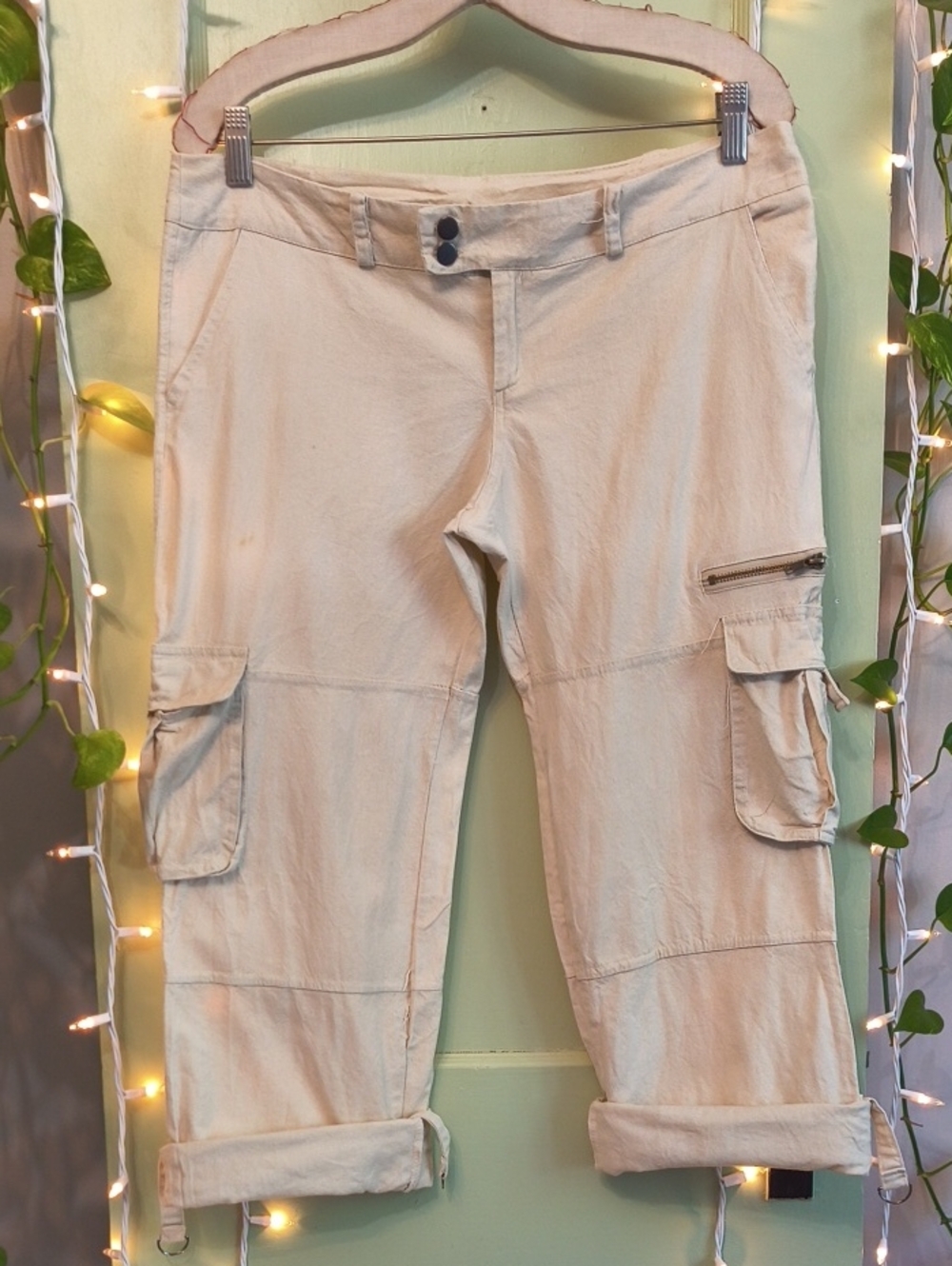 Women's 🆓 Linen Cream Cargo Roll Up Pants Capris M